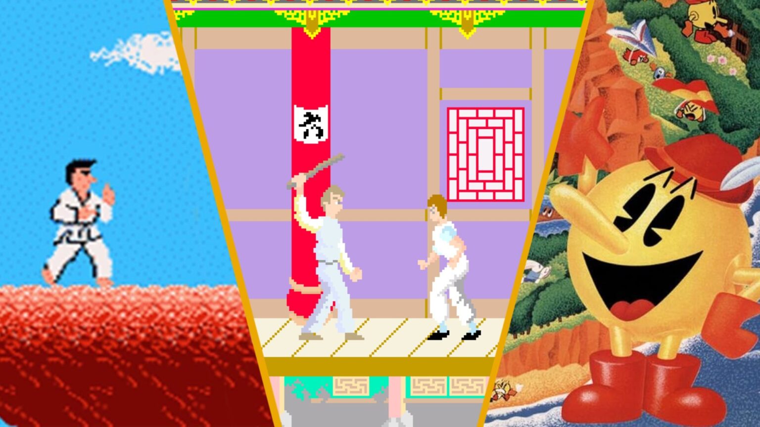 Collage de tres videojuegos clásicos de arcade de los años 80: Karate Champ, Kung-Fu Master y Pac-Land.