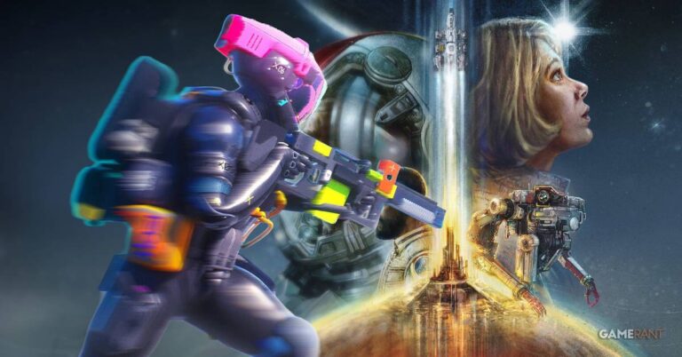Composición que combina un corredor futurista de Marathon con elementos y personajes del videojuego Starfield.