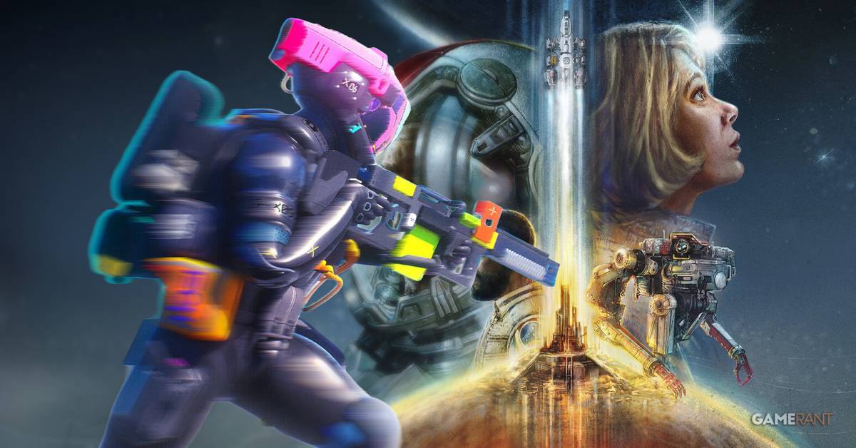 Composición que combina un corredor futurista de Marathon con elementos y personajes del videojuego Starfield.