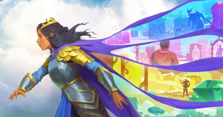 Ilustración de una guerrera con corona y capa morada que se transforma en escenas coloridas de un mundo de fantasía.