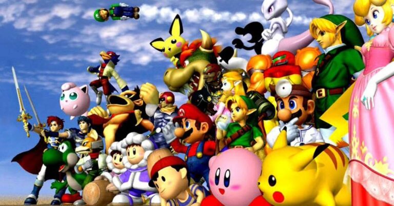 Personajes icónicos de Super Smash Bros. Melee reunidos bajo un cielo azul.