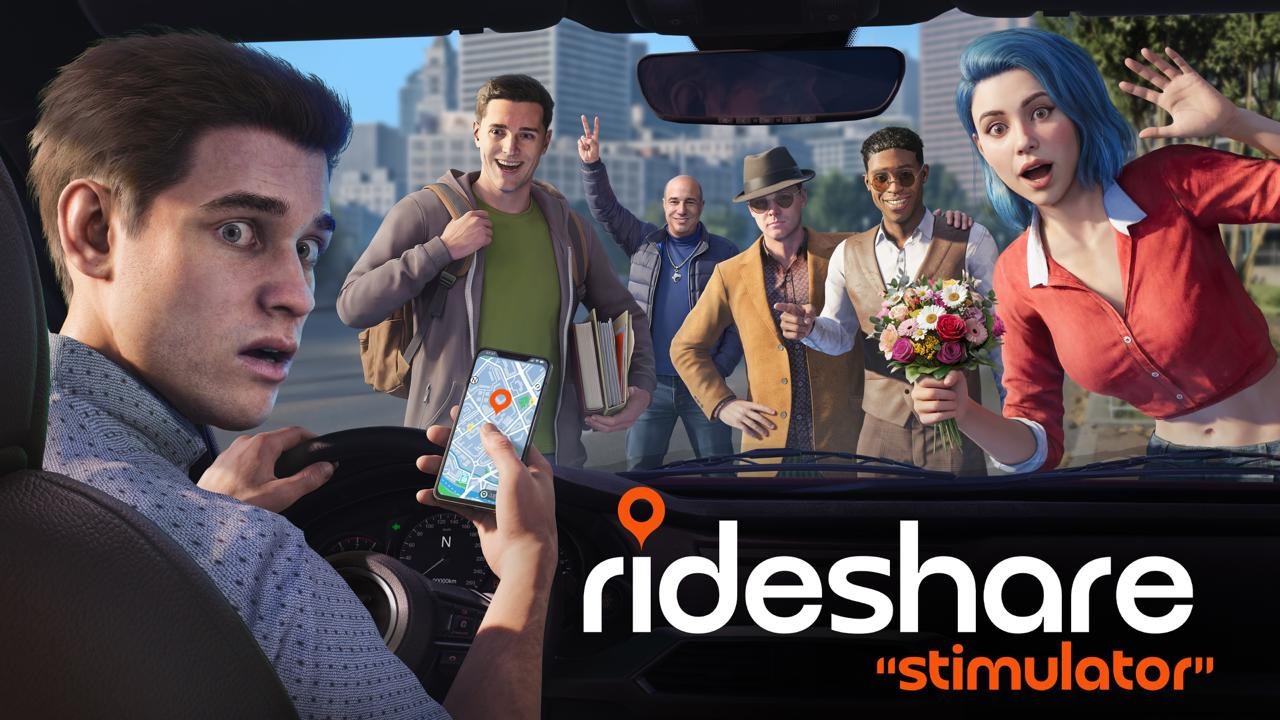 Imagen promocional del videojuego Rideshare Stimulator con un conductor mirando a varios pasajeros frente a su vehículo.