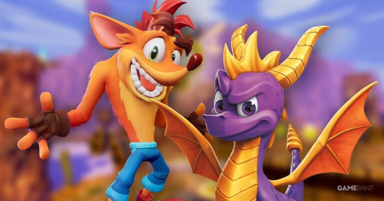 Crash Bandicoot y Spyro the Dragon posando juntos en un entorno colorido.