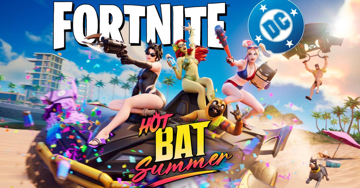 Personajes de DC y Fortnite en trajes de baño durante el evento Hot Bat Summer en una playa.