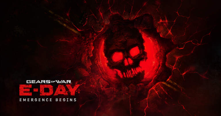 Logotipo y calavera iluminada en rojo de Gears of War: E-Day sobre fondo agrietado.