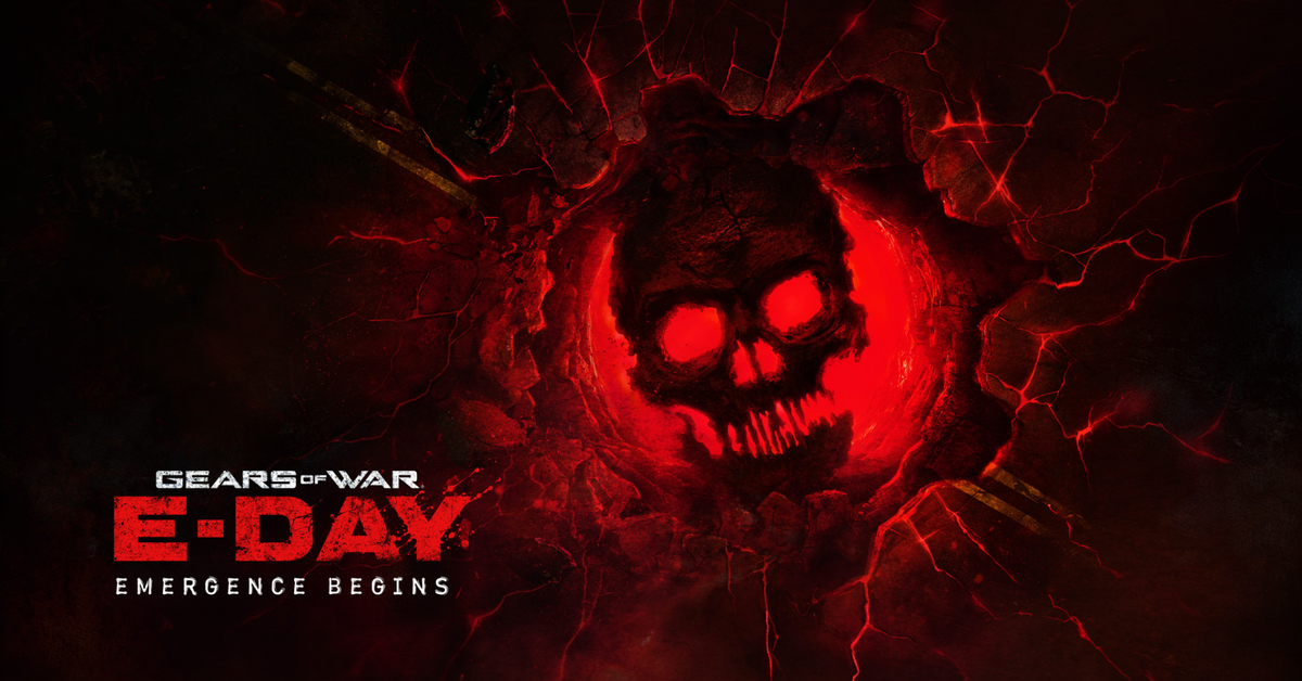 Logotipo y calavera iluminada en rojo de Gears of War: E-Day sobre fondo agrietado.