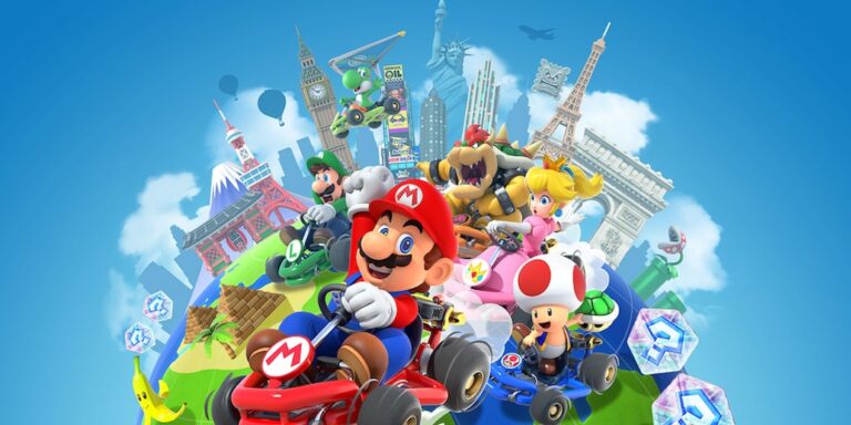 Mario, Luigi, Peach, Bowser y Toad conduciendo karts sobre un globo terráqueo con monumentos icónicos de fondo en Mario Kart Tour.