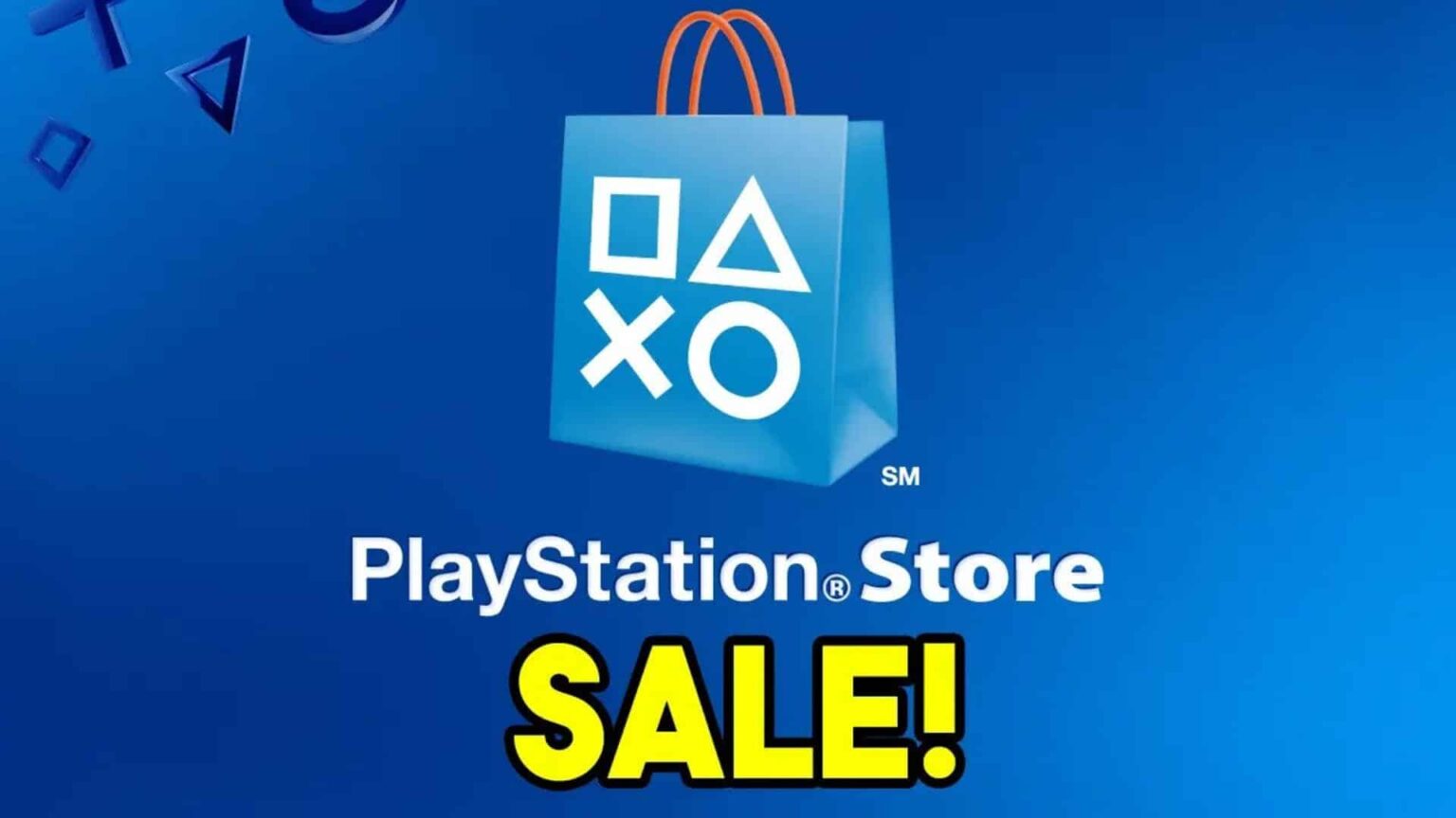 Logotipo de la PlayStation Store con una bolsa de compras azul sobre fondo azul y el texto SALE en letras amarillas.