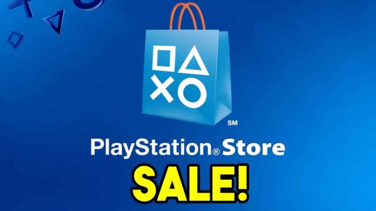 Logotipo de la PlayStation Store con una bolsa de compras azul sobre fondo azul y el texto SALE en letras amarillas.