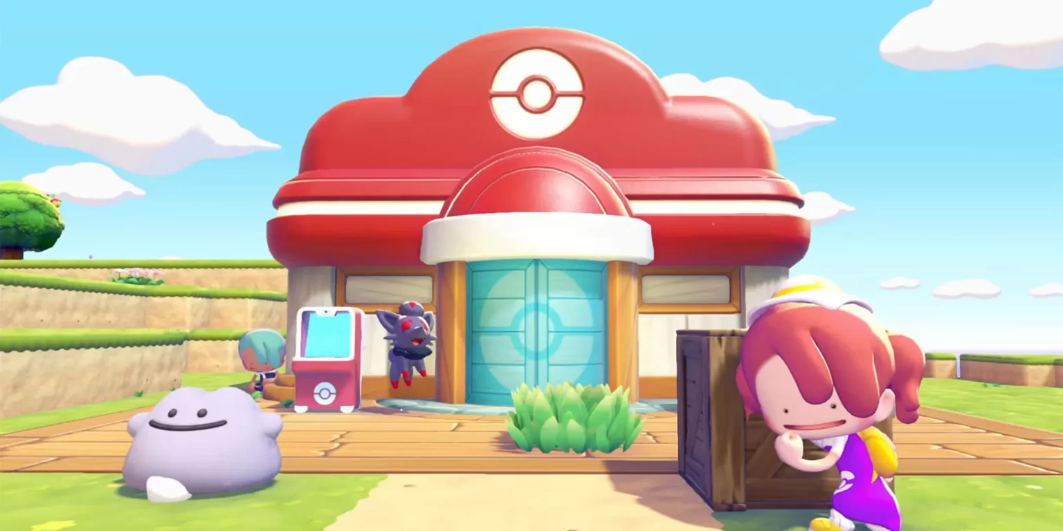 Zorua y un Ditto frente a un Centro Pokémon en el juego Pokémon Pokopia.