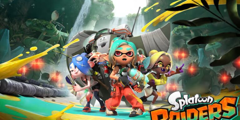 Imagen promocional de Splatoon Raiders con tres personajes principales armados en un entorno selvático con salpicaduras de pintura.