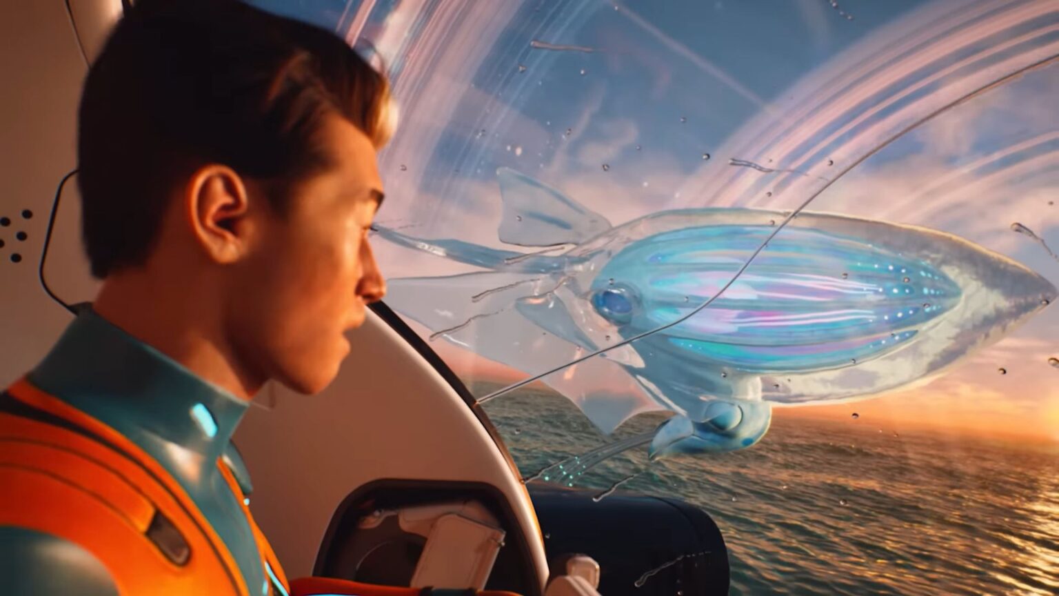 Un explorador observa desde su vehículo a una criatura marina translúcida que nada sobre el océano en Subnautica 2.