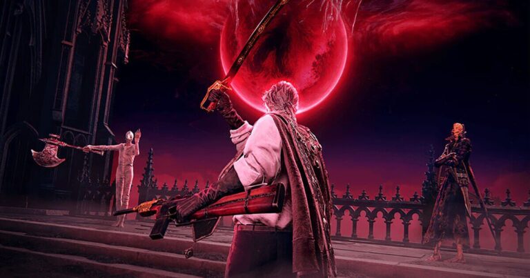 Personaje con espada frente a una luna roja y figuras siniestras en un entorno gótico de The Duskbloods.