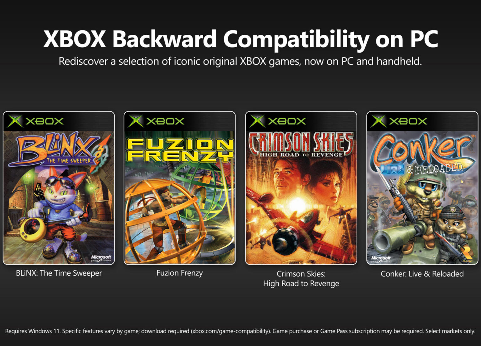 Portadas de Blinx, Fuzion Frenzy, Crimson Skies y Conker anunciando la retrocompatibilidad de juegos de Xbox original en PC.
