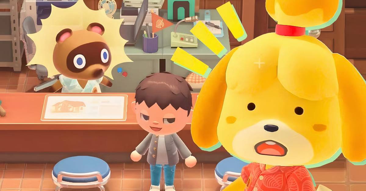 Tom Nook, Canela y un aldeano de Animal Crossing con expresiones de sorpresa en la oficina de gestión vecinal.