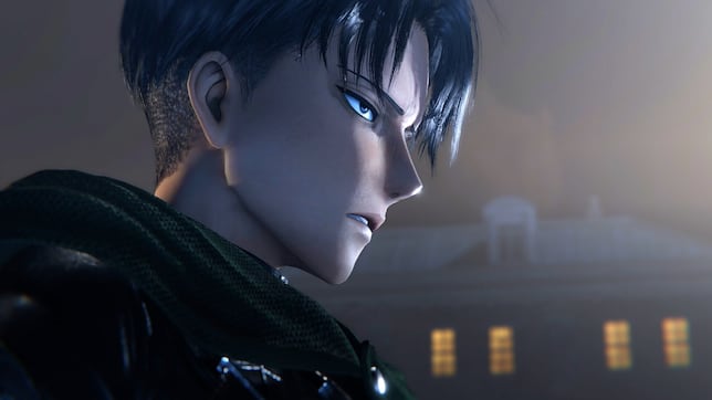 Primer plano de Levi Ackerman del videojuego Attack on Titan con mirada seria.