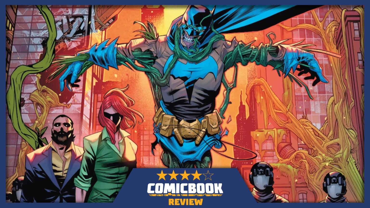 Batman atrapado en enredaderas junto a otros personajes en un cómic de DC.