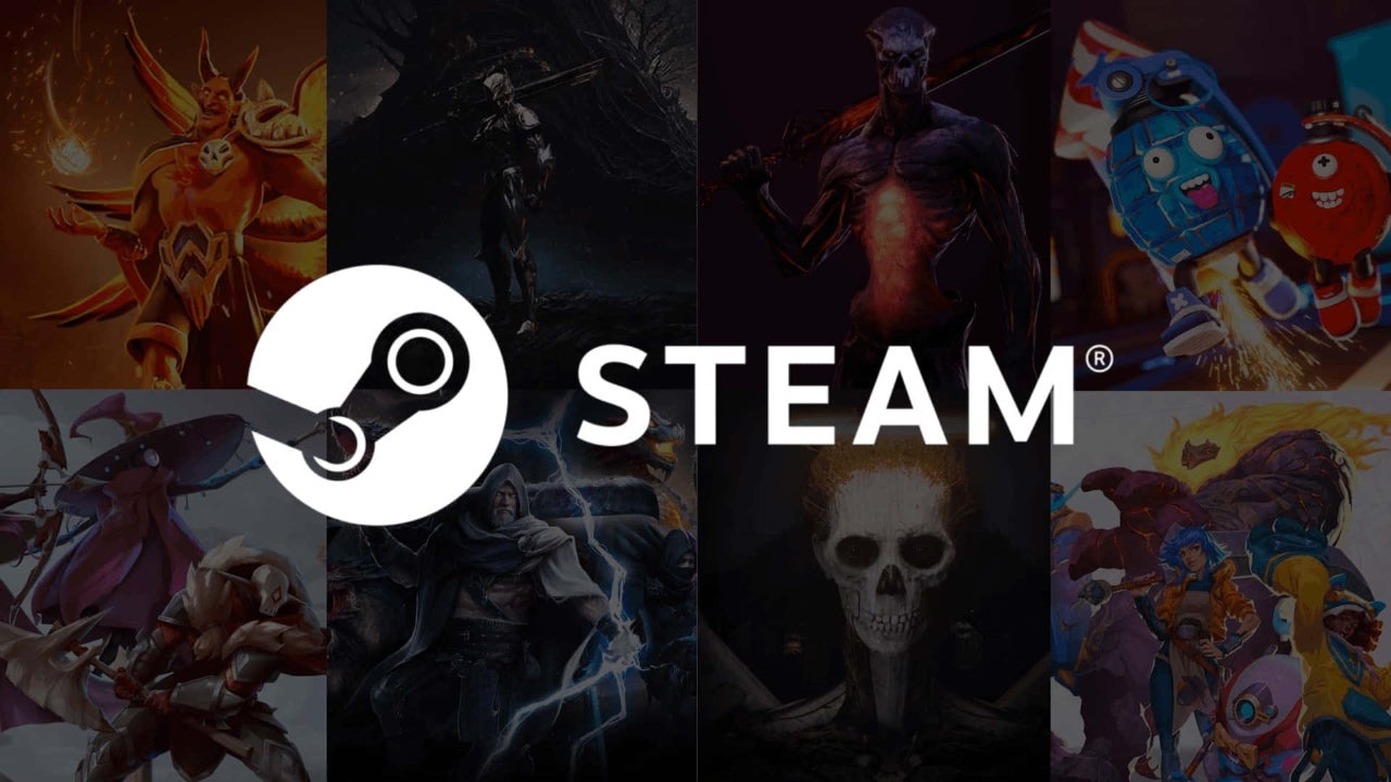 Logotipo de la plataforma Steam superpuesto a un collage de diversos personajes y arte de videojuegos.