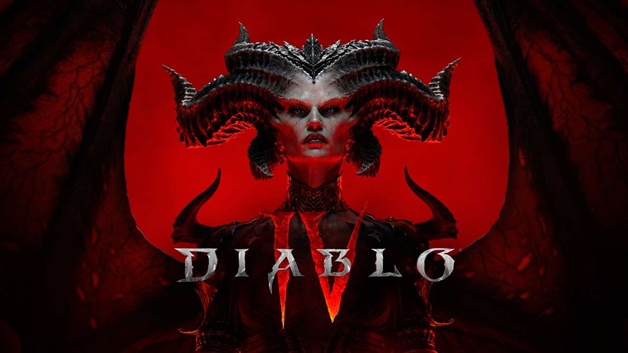 Lilith, la antagonista principal, sobre el logotipo de Diablo IV con un fondo rojo intenso.