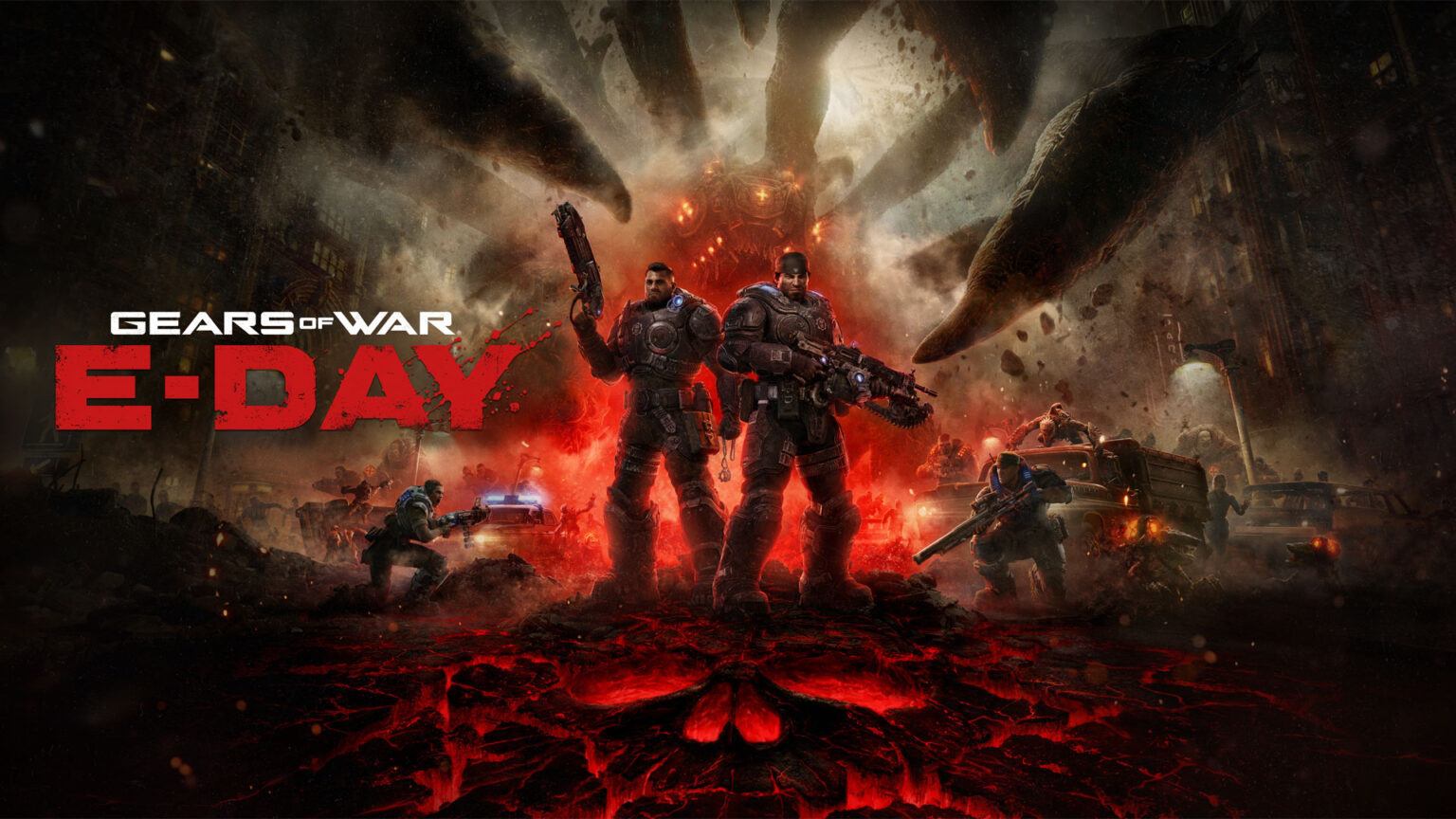 Cartel promocional del videojuego Gears of War: E-Day con soldados armados ante una amenaza monstruosa en un entorno caótico y rojizo.