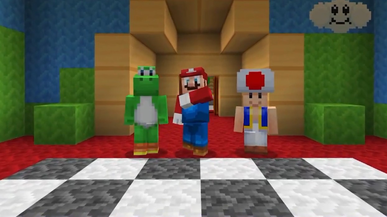 Personajes de Mario, Yoshi y Toad recreados con el estilo de bloques de Minecraft sobre un suelo de baldosas blancas y negras.