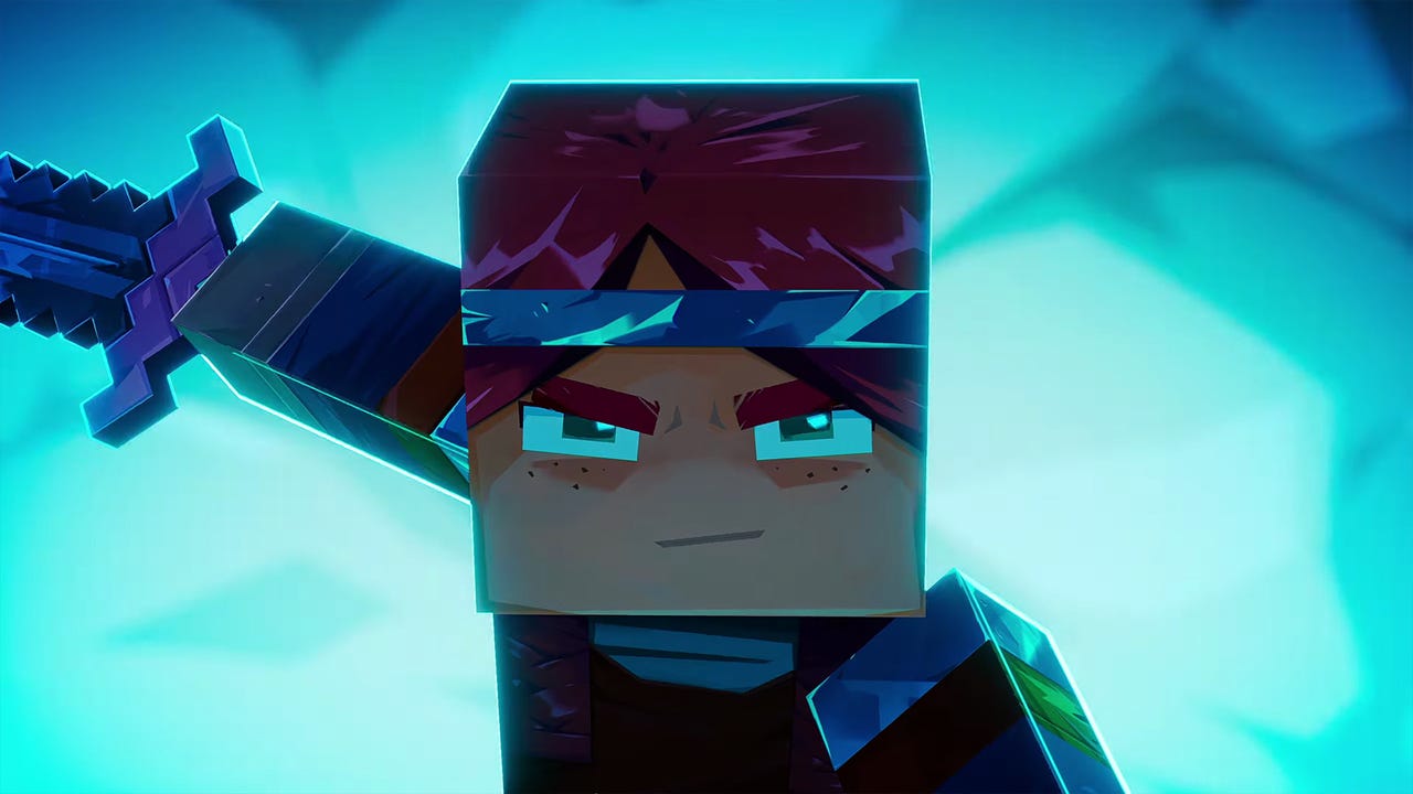 Personaje estilo Minecraft con espada y fondo azul brillante.