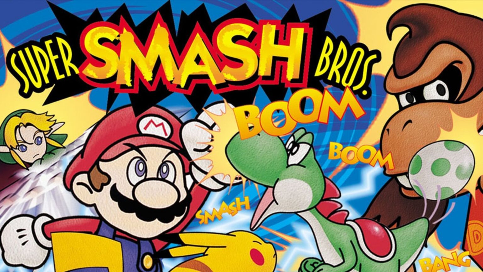 Arte promocional clásico de Super Smash Bros. de Nintendo 64 con Mario, Yoshi y otros personajes.