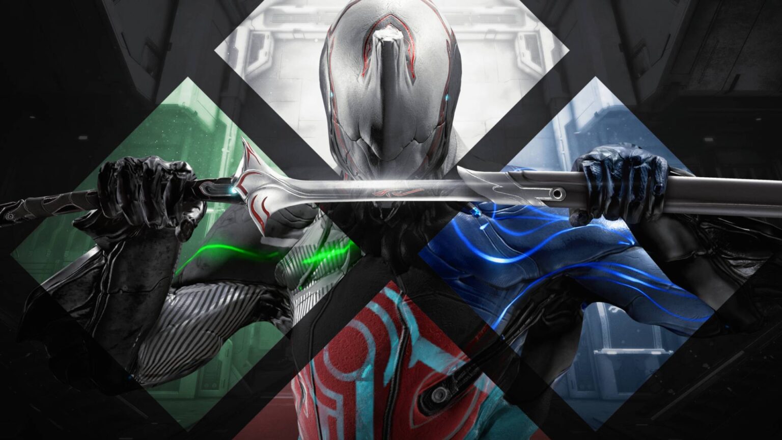 Personaje de Warframe con casco distintivo sosteniendo una espada horizontalmente sobre fondos divididos en colores verde, azul y blanco.