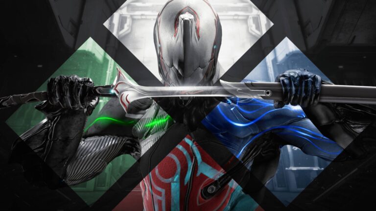 Personaje de Warframe con casco distintivo sosteniendo una espada horizontalmente sobre fondos divididos en colores verde, azul y blanco.