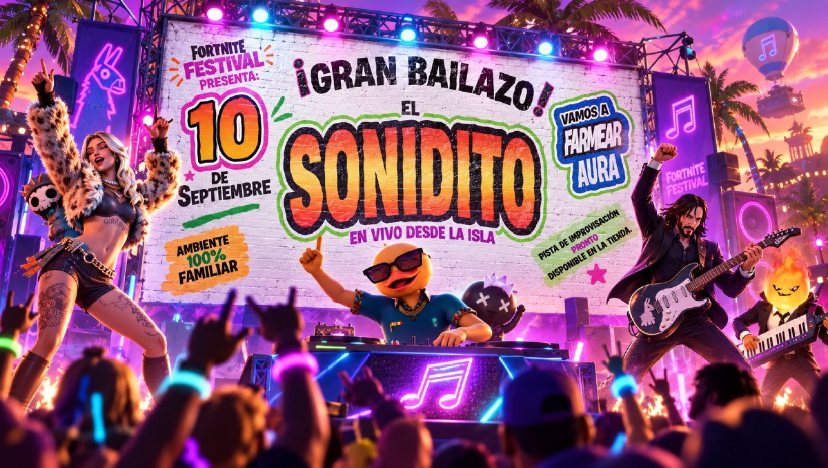 Promoción de El Sonidito en Fortnite Festival con personajes bailando en un escenario.