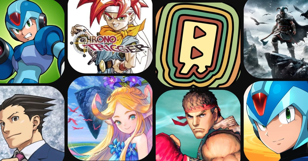 Collage de iconos de juegos para iOS como Chrono Trigger, Mega Man y Street Fighter.