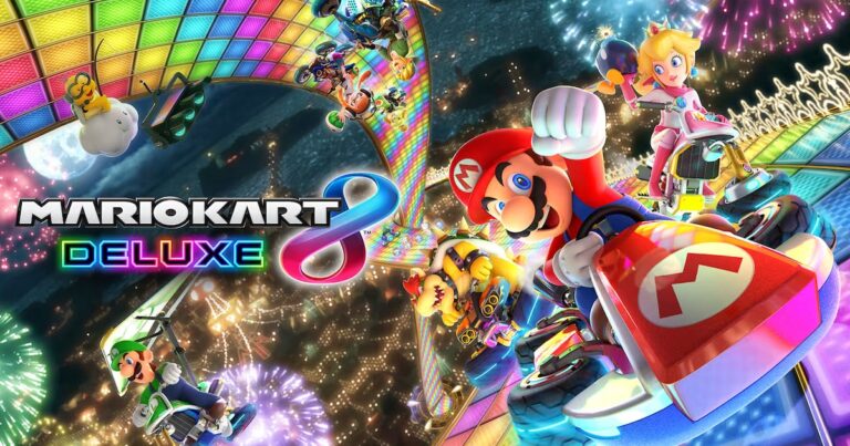 Mario y otros personajes compiten en karts en una colorida pista de Mario Kart 8 Deluxe.