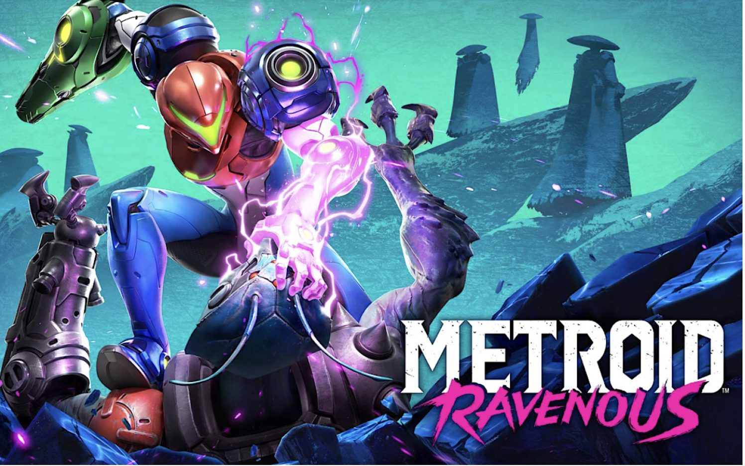 Samus Aran en una escena de acción con energía rosa junto al título Metroid Ravenous en un paisaje alienígena.