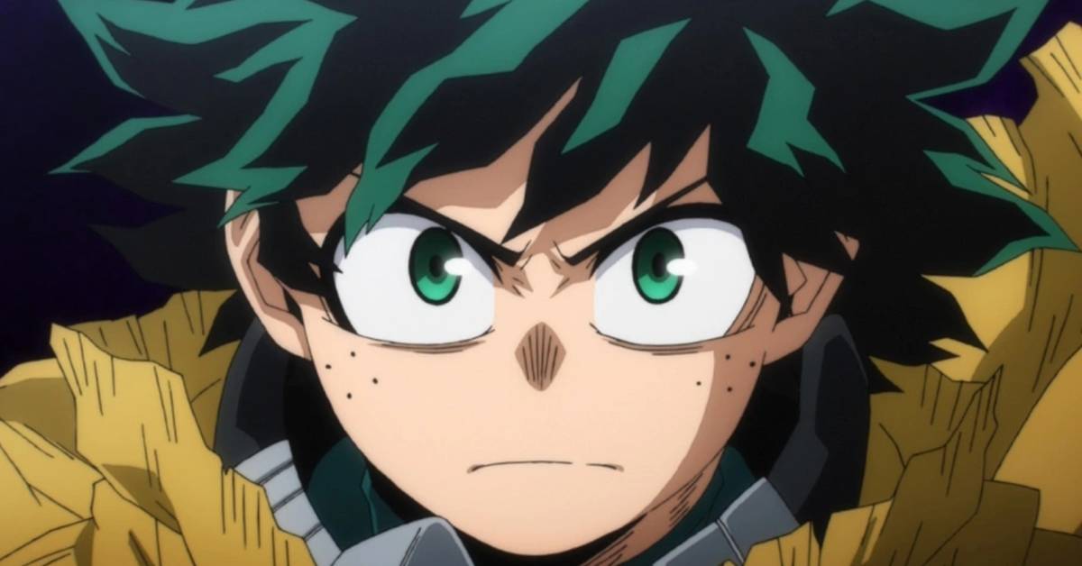 Primer plano de Izuku Midoriya con expresión seria y cabello verde de My Hero Academia.