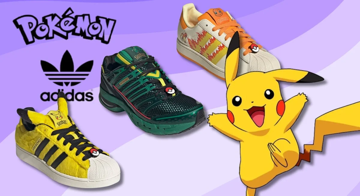 Zapatillas Adidas inspiradas en Pokémon junto a los logotipos de ambas marcas y Pikachu.