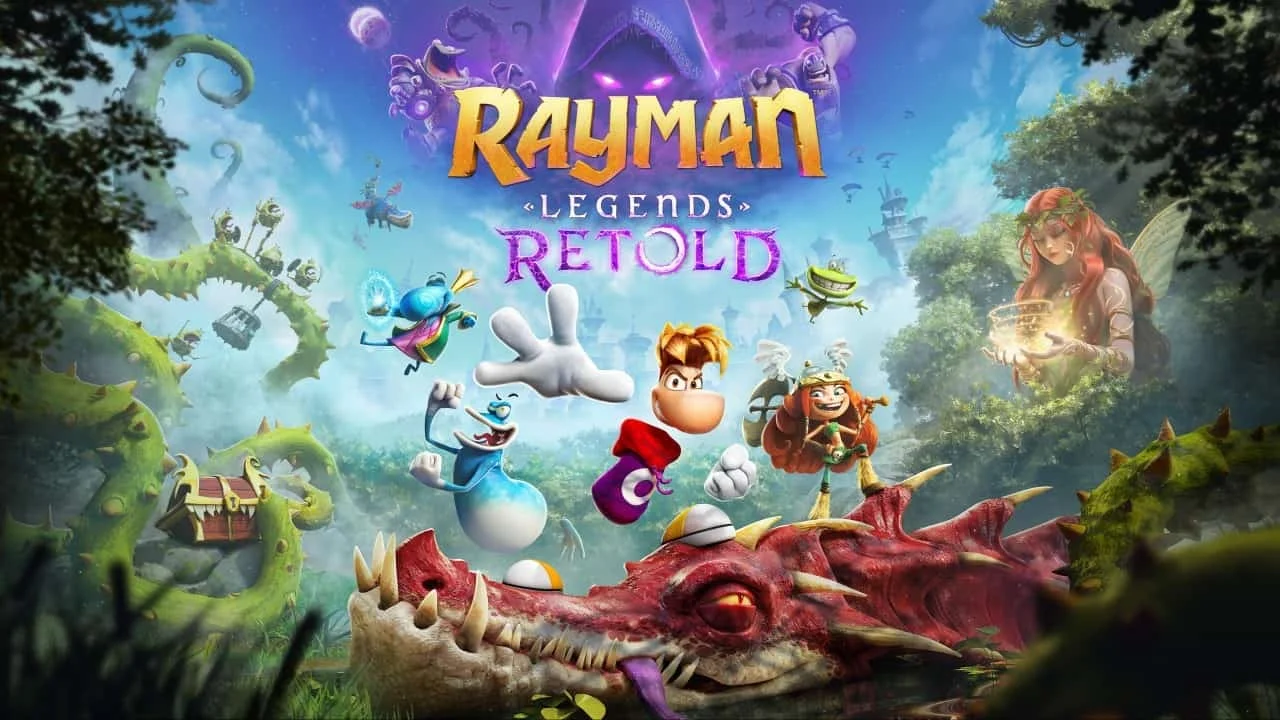 Imagen promocional de Rayman Legends Retold con los personajes principales y un dragón rojo.