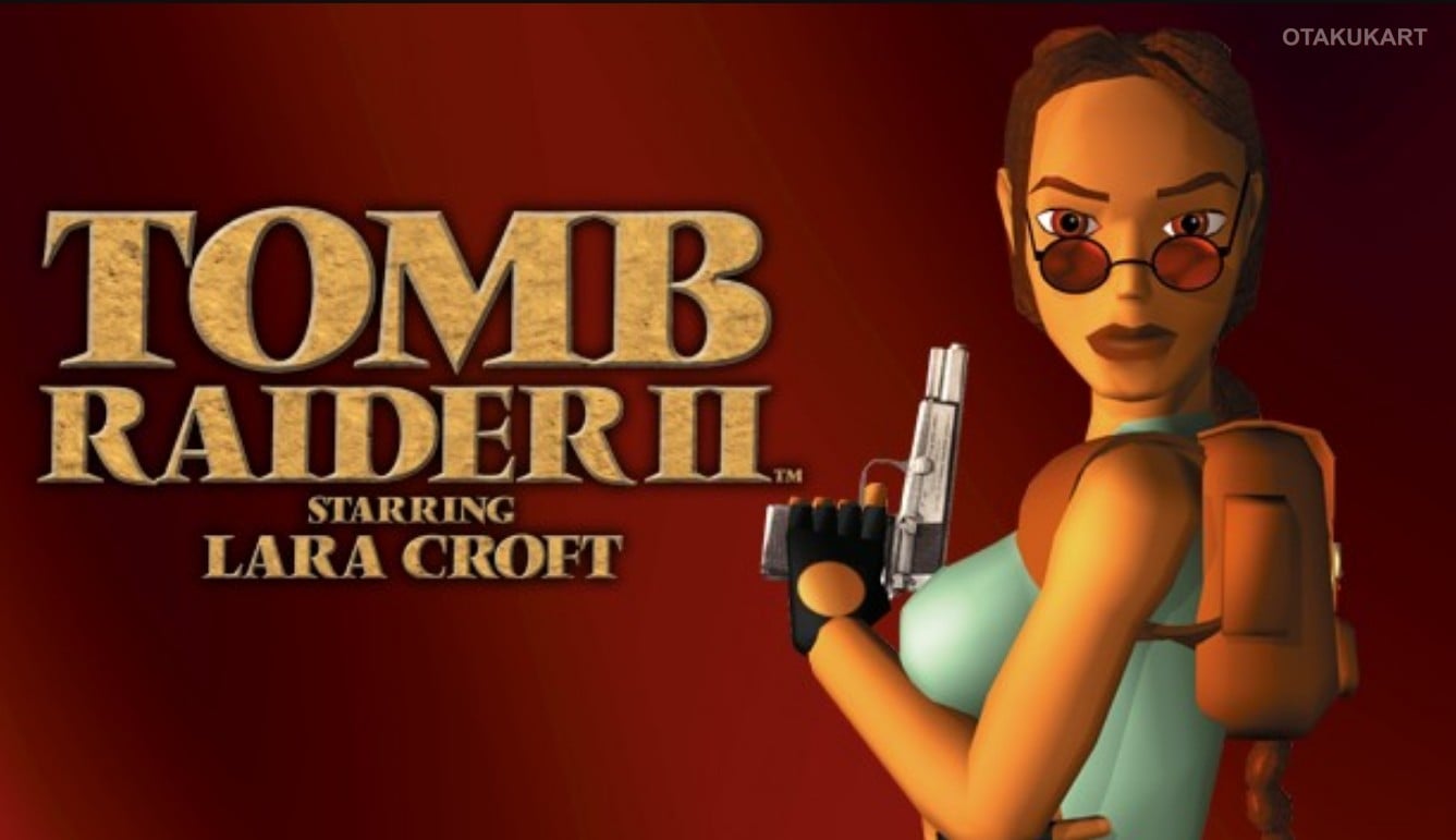 Lara Croft sosteniendo un arma en la pantalla de título clásica de Tomb Raider II.