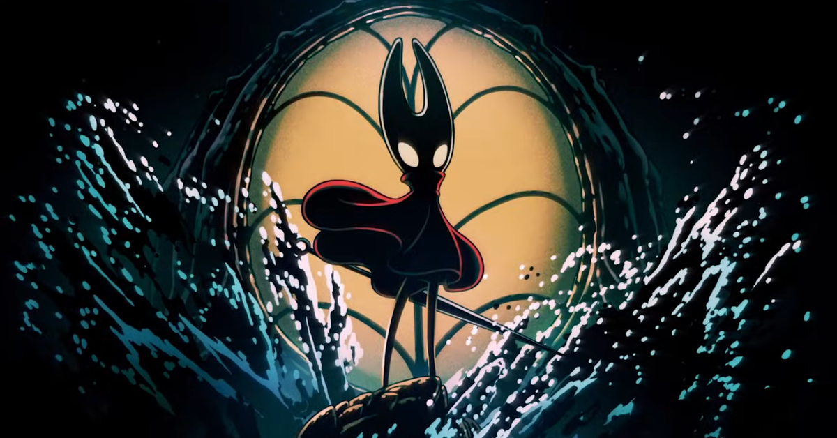 Hornet, la protagonista de Hollow Knight: Silksong, de pie frente al agua con una estructura circular iluminada al fondo.