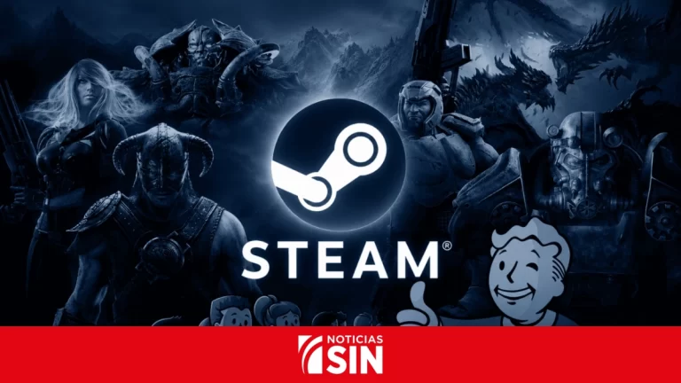 Logotipo de Steam con personajes de videojuegos de fondo en tono azul.