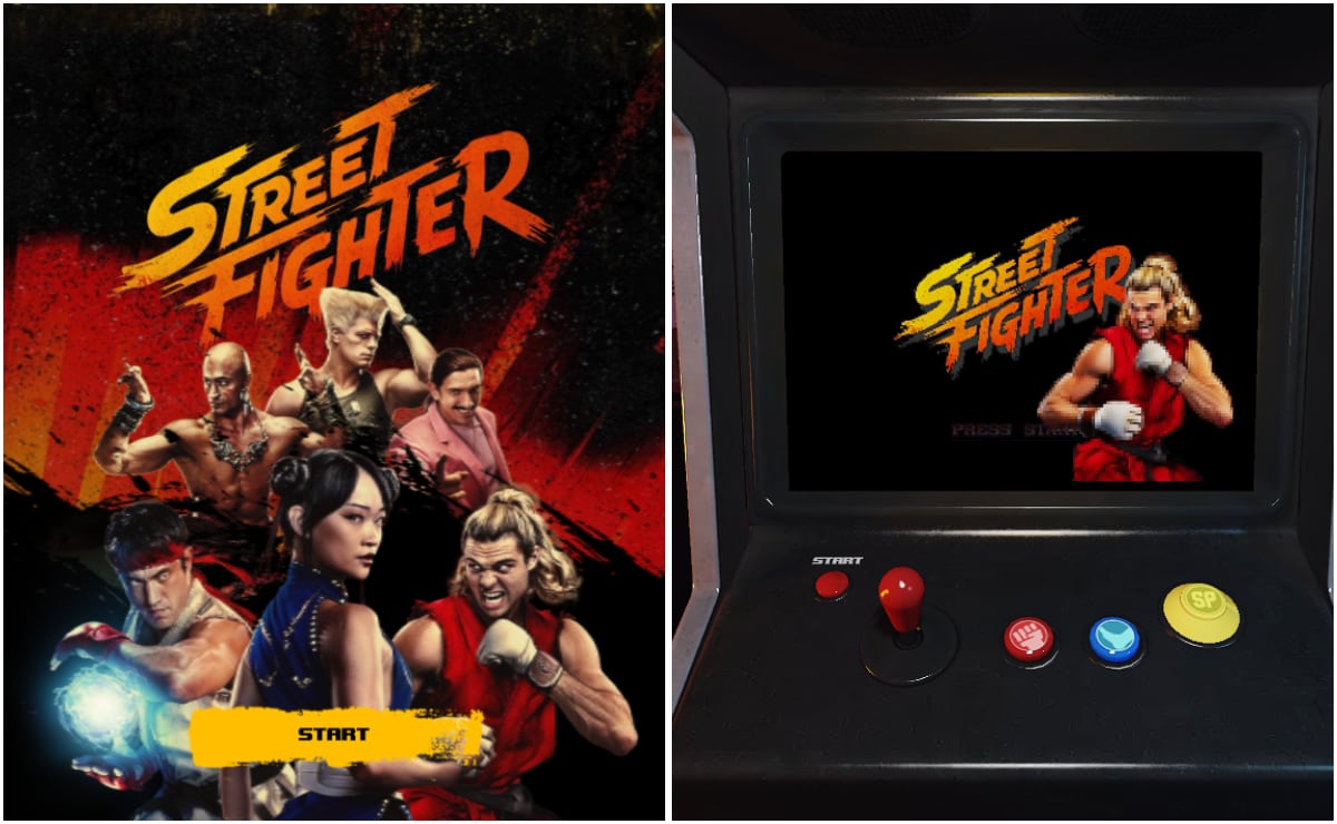 Cartel de Street Fighter con personajes de acción real junto a una máquina arcade.