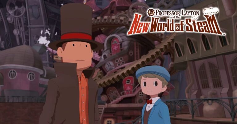 Professor Layton y Luke en New World of Steam frente a una ciudad industrial.