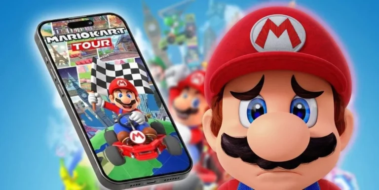 Smartphone mostrando Mario Kart Tour junto a una cara triste de Mario.